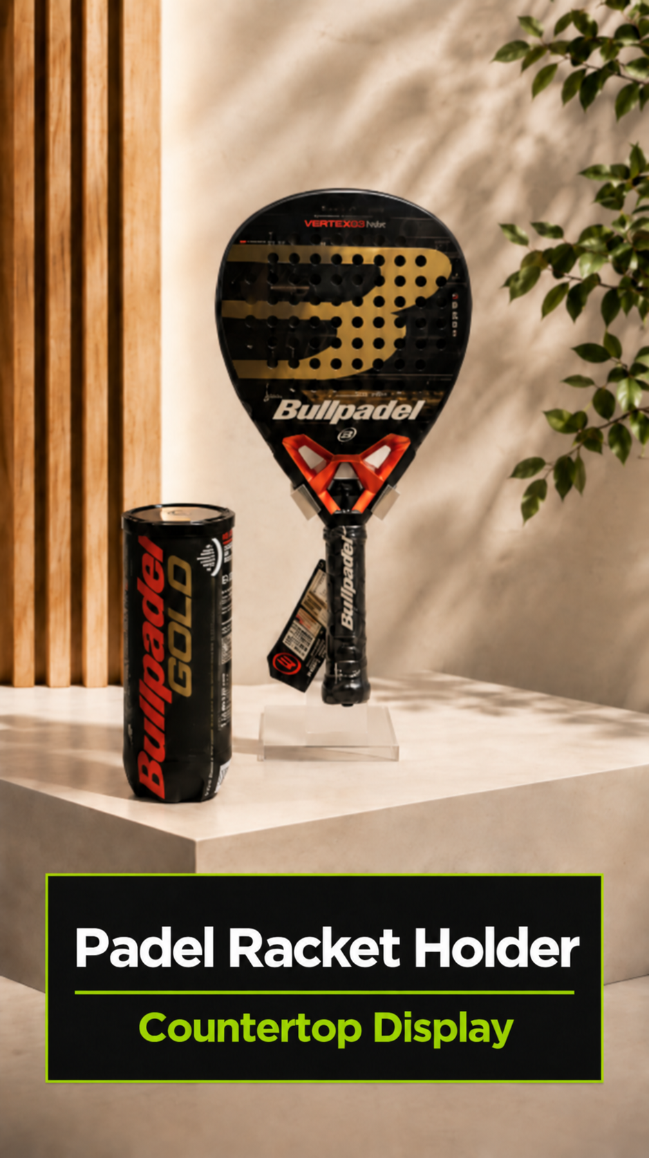Padel racket displayed on a countertop stand